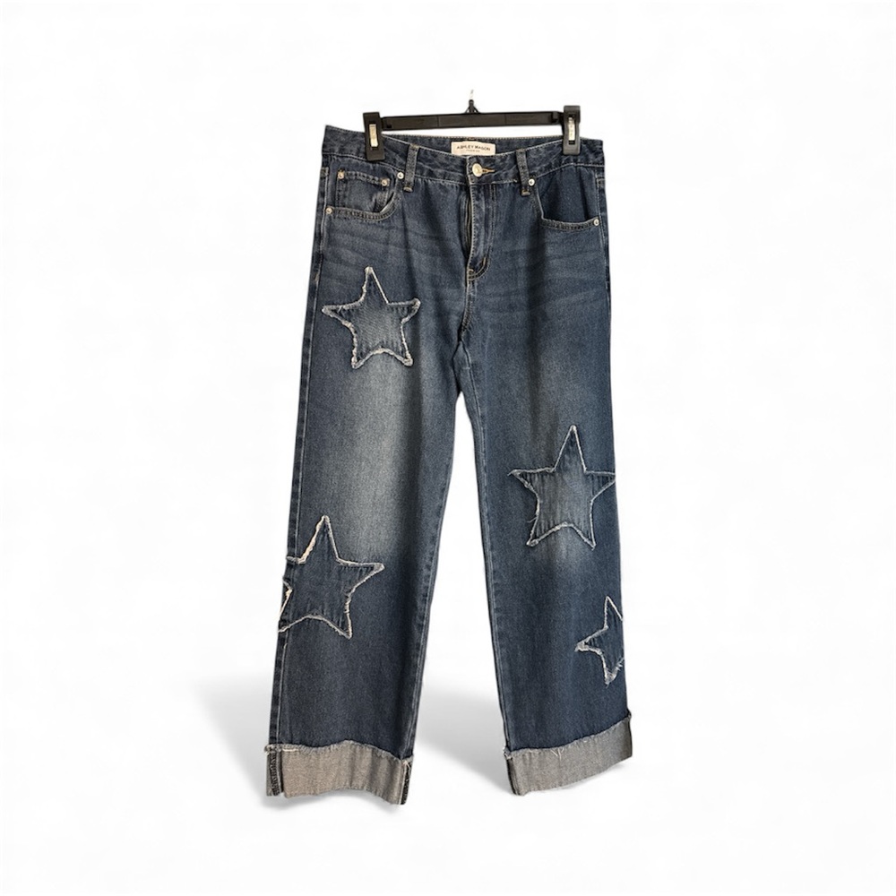 Ashley Mason Wide Leg Blue Denim Jeans w Stars